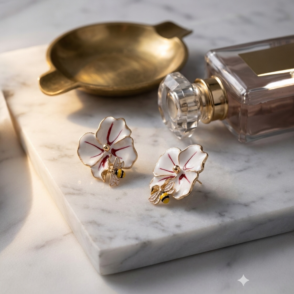 White Orchid & Bee Enamel Stud Earrings