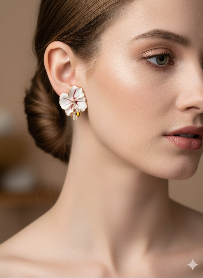 White Orchid & Bee Enamel Stud Earrings
