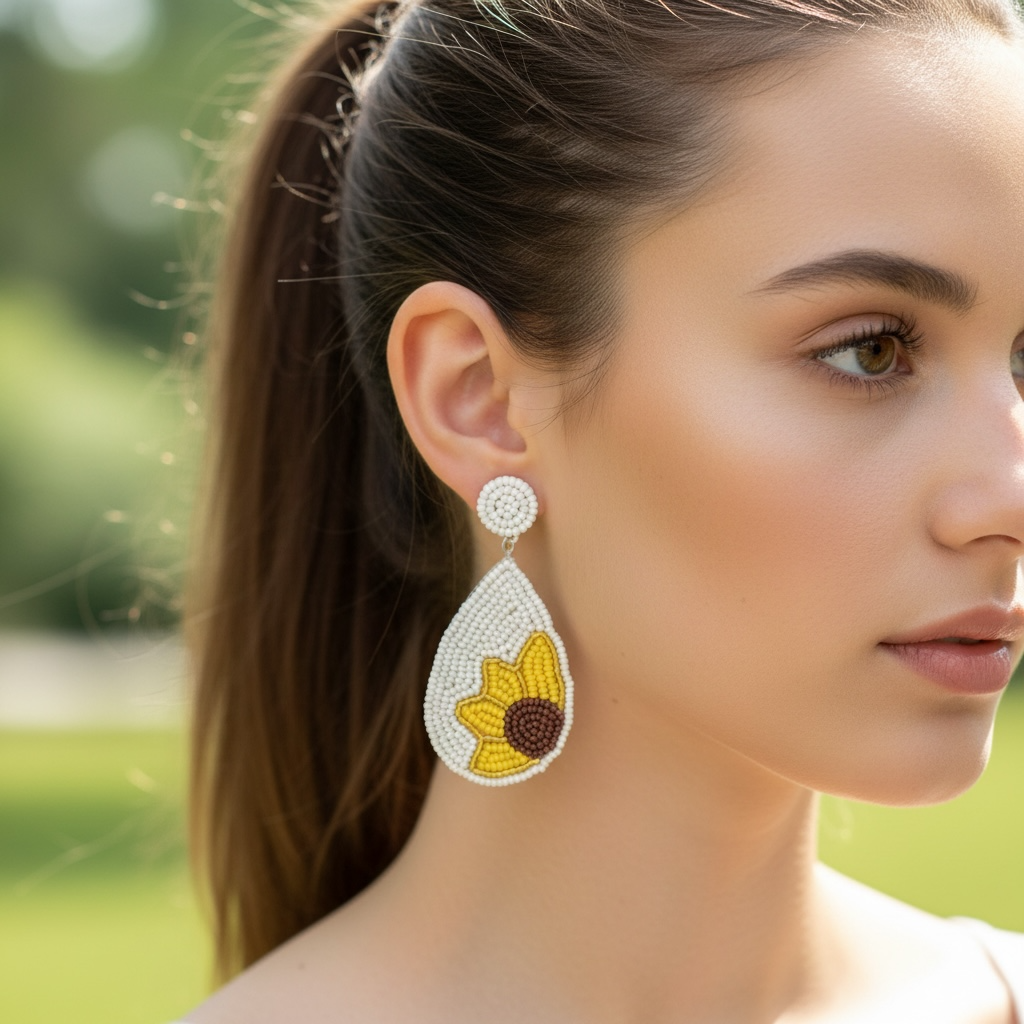 Woman wearing sunflower-themed earrings with a blurred natural background