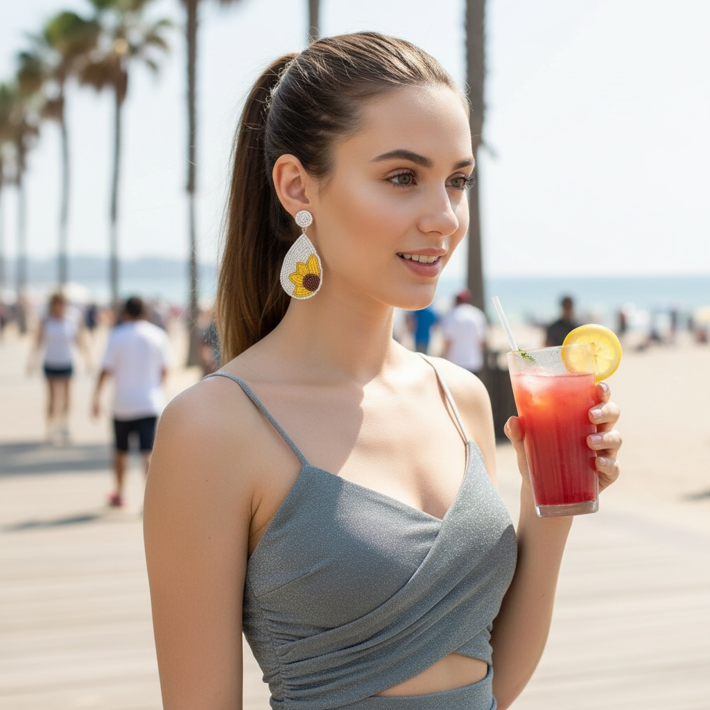 Woman holding a red drink with a lemon slice at the beach