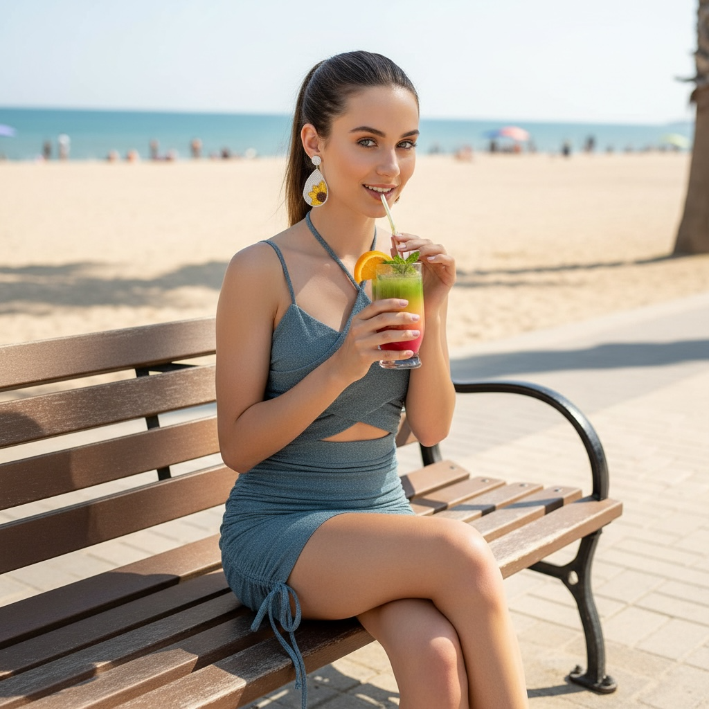 Woman sitting on a bench by the beach, holding a drink.