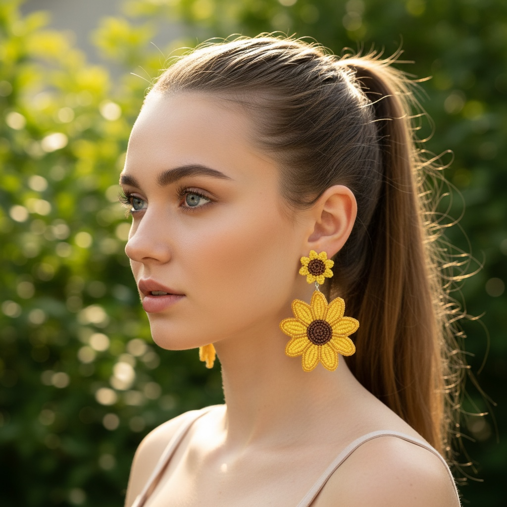 Woman wearing yellow flower earrings with a blurred green background