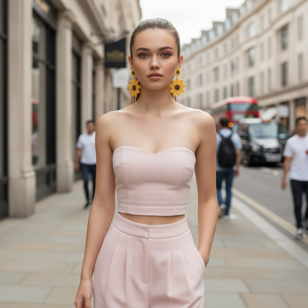Woman in a pink strapless top and high-waisted pants standing on a city street.