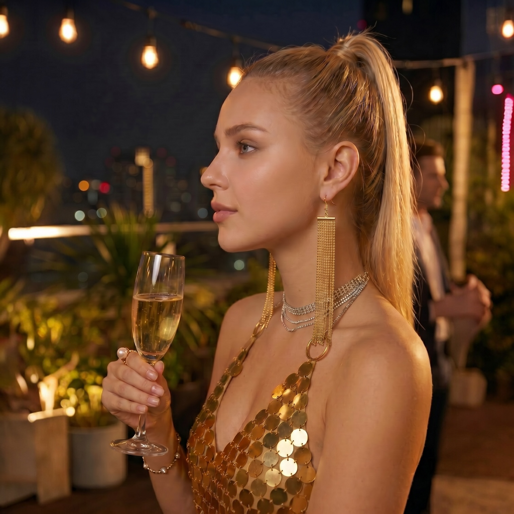 Gold Chain Mesh Fringe Drop Earrings