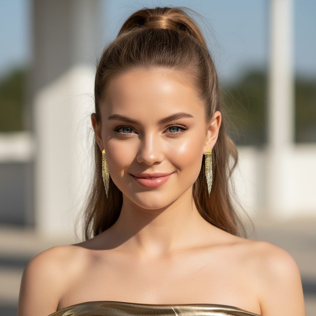 Gold Half-Moon Chain Fringe Drop Earrings