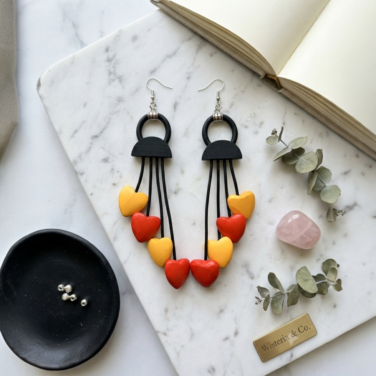 Red & Yellow Heart Fringe Drop Earrings