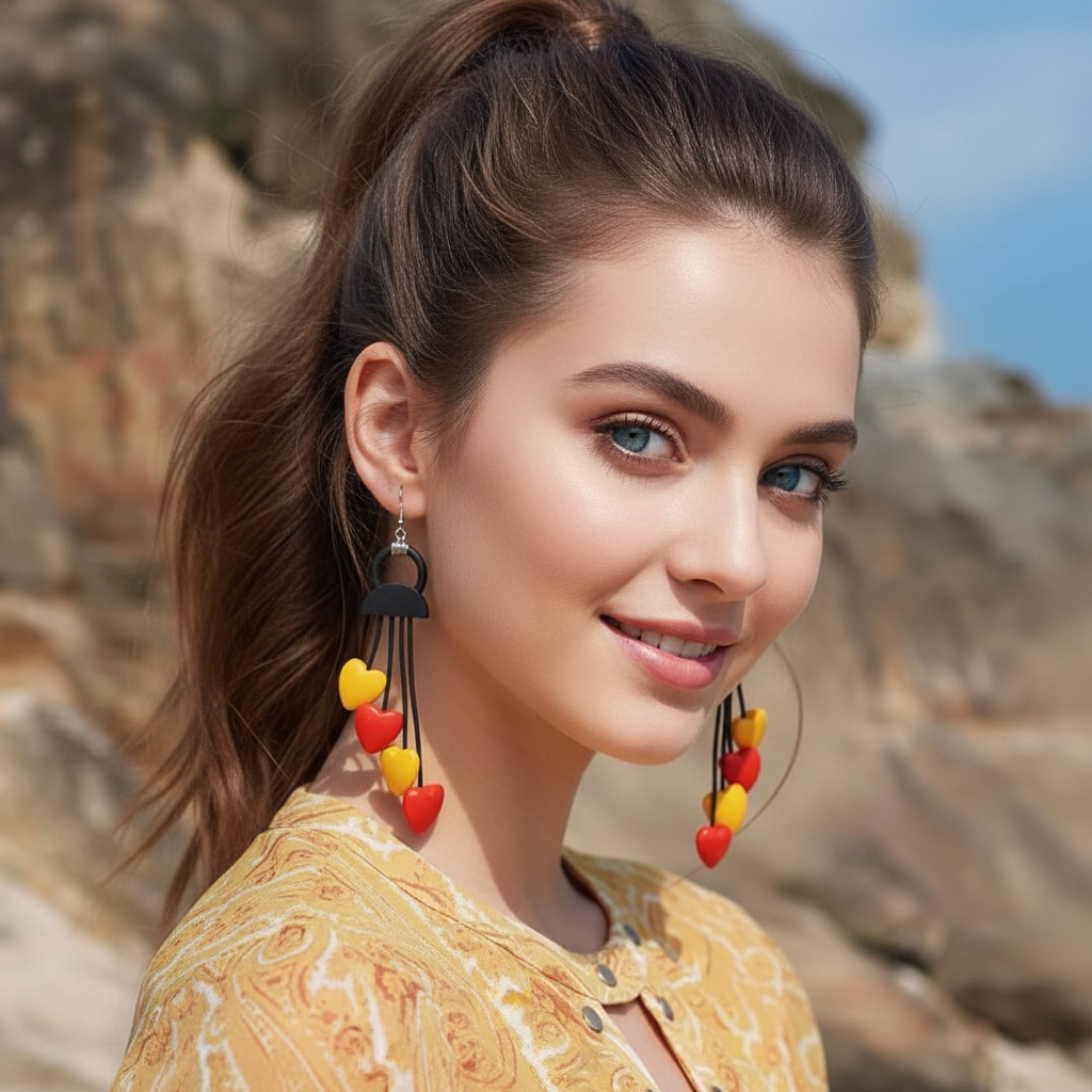 Red & Yellow Heart Fringe Drop Earrings