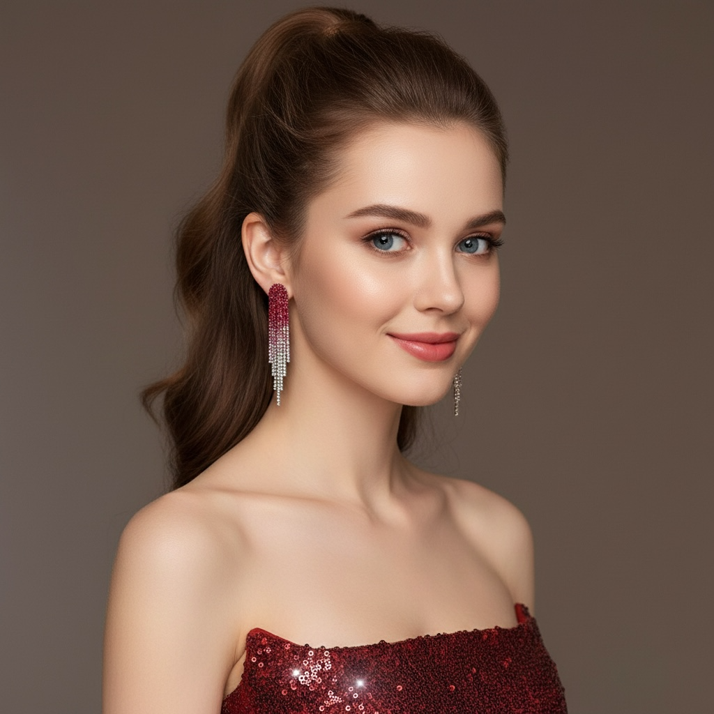 Red to Silver Ombré Crystal Fringe Drop Earrings