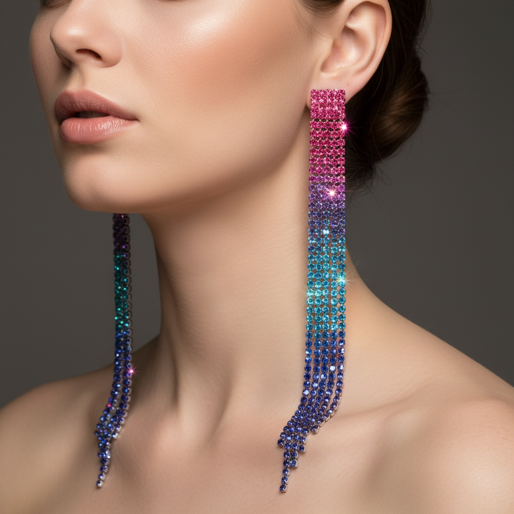 Pink to Blue Ombré Crystal Chain Tassel Earrings