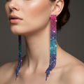Pink to Blue Ombré Crystal Chain Tassel Earrings
