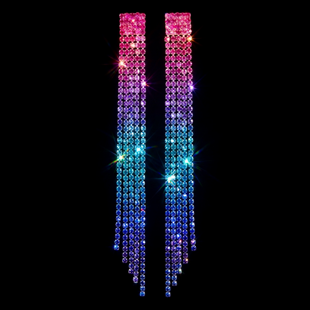 Pink to Blue Ombré Crystal Chain Tassel Earrings