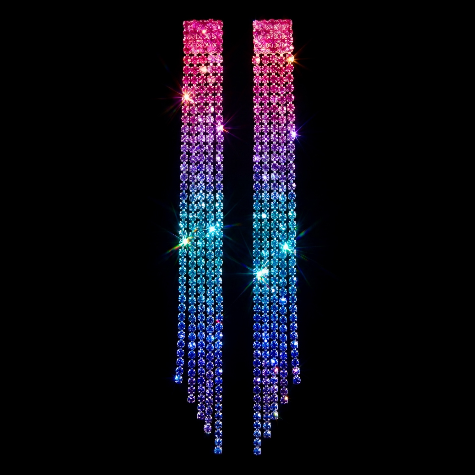 Pink to Blue Ombré Crystal Chain Tassel Earrings