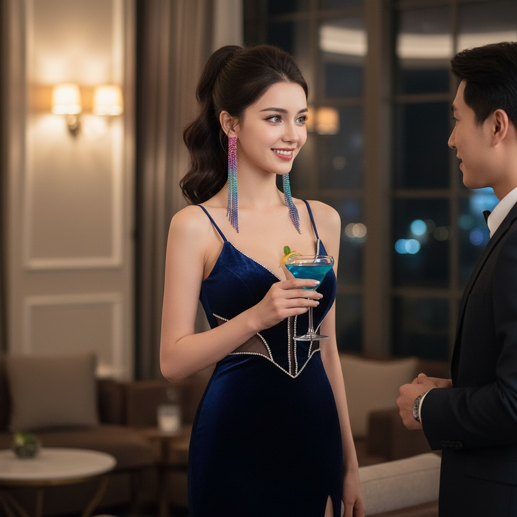 Woman in a blue dress holding a cocktail, standing next to a man in a suit in an elegant indoor setting.