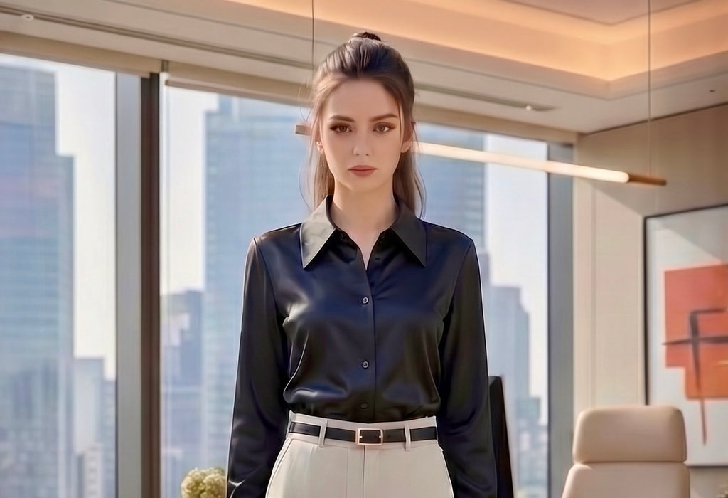 Woman in a black shirt and white pants standing in an office with cityscape view