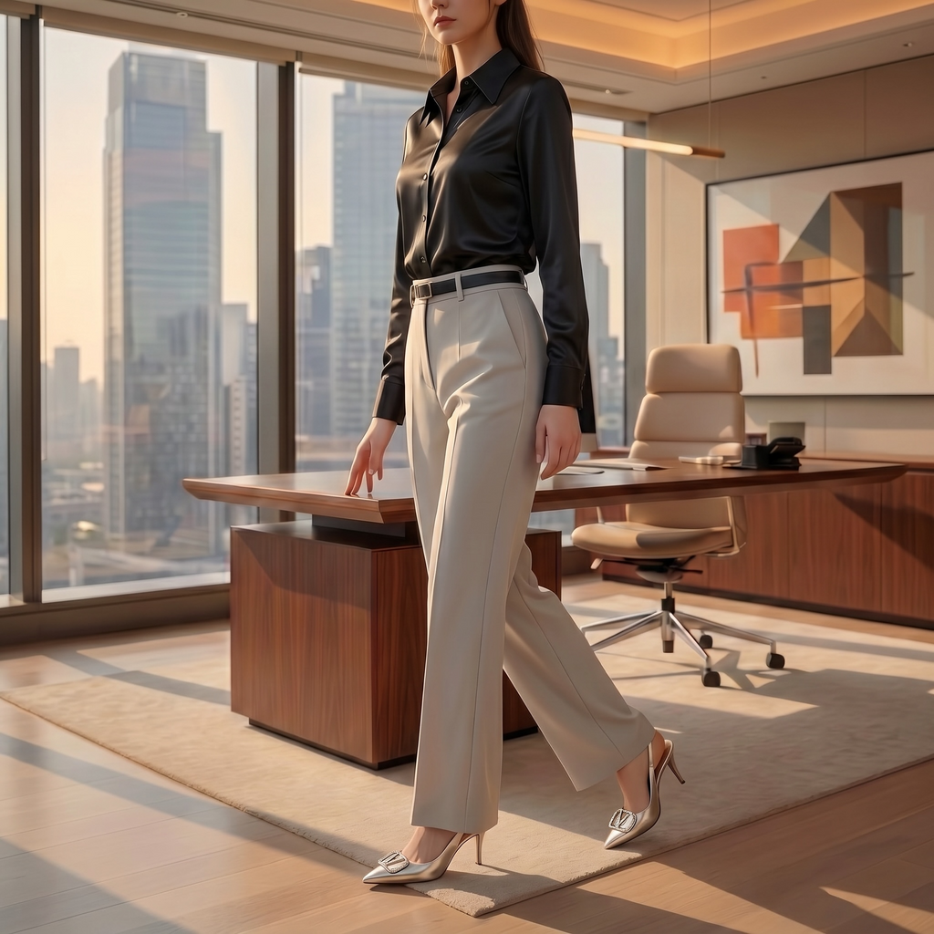 Woman in a modern office setting with cityscape view