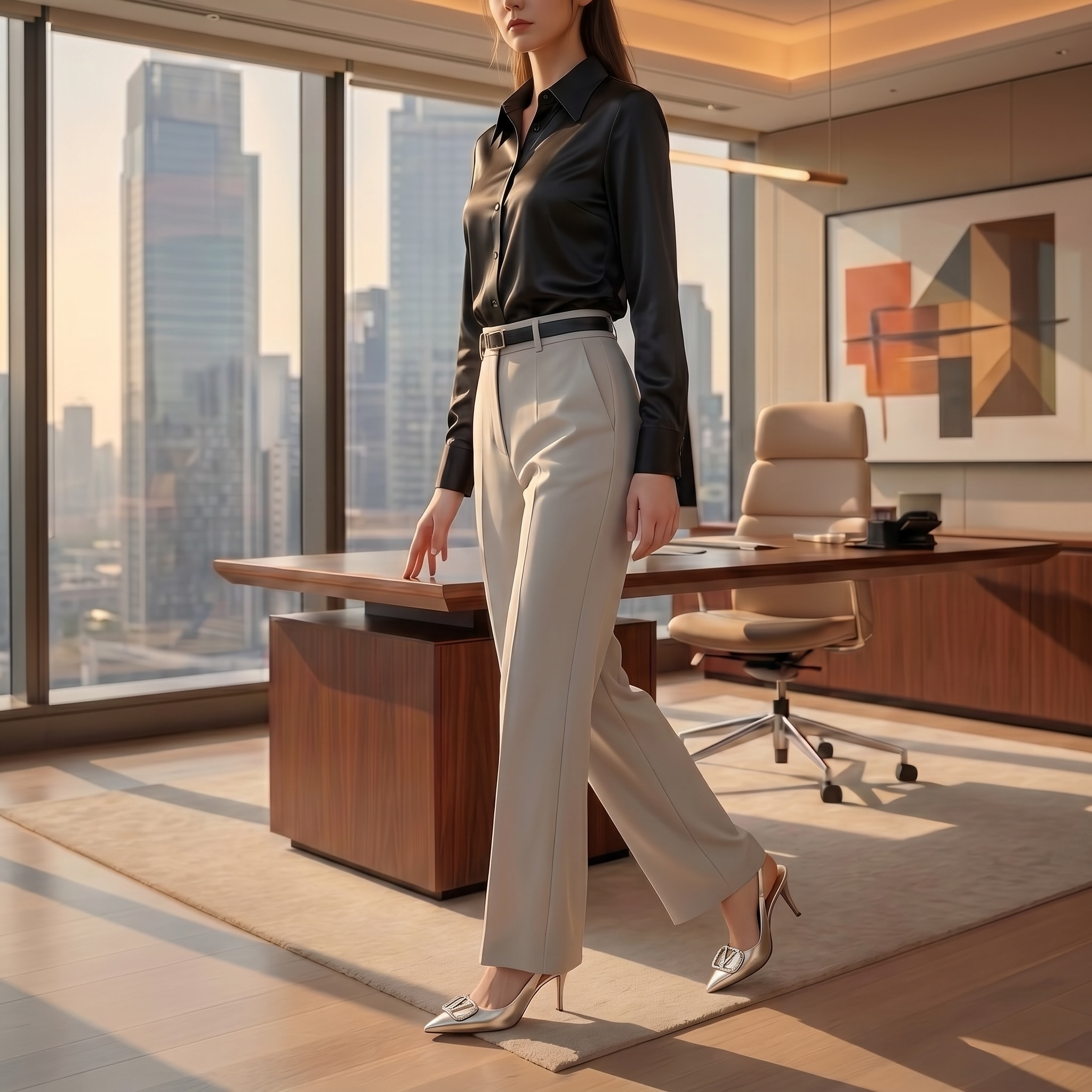 Woman in a modern office setting with cityscape view