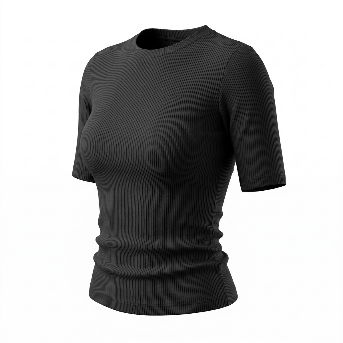 Black ribbed knit short-sleeve shirt on a white background