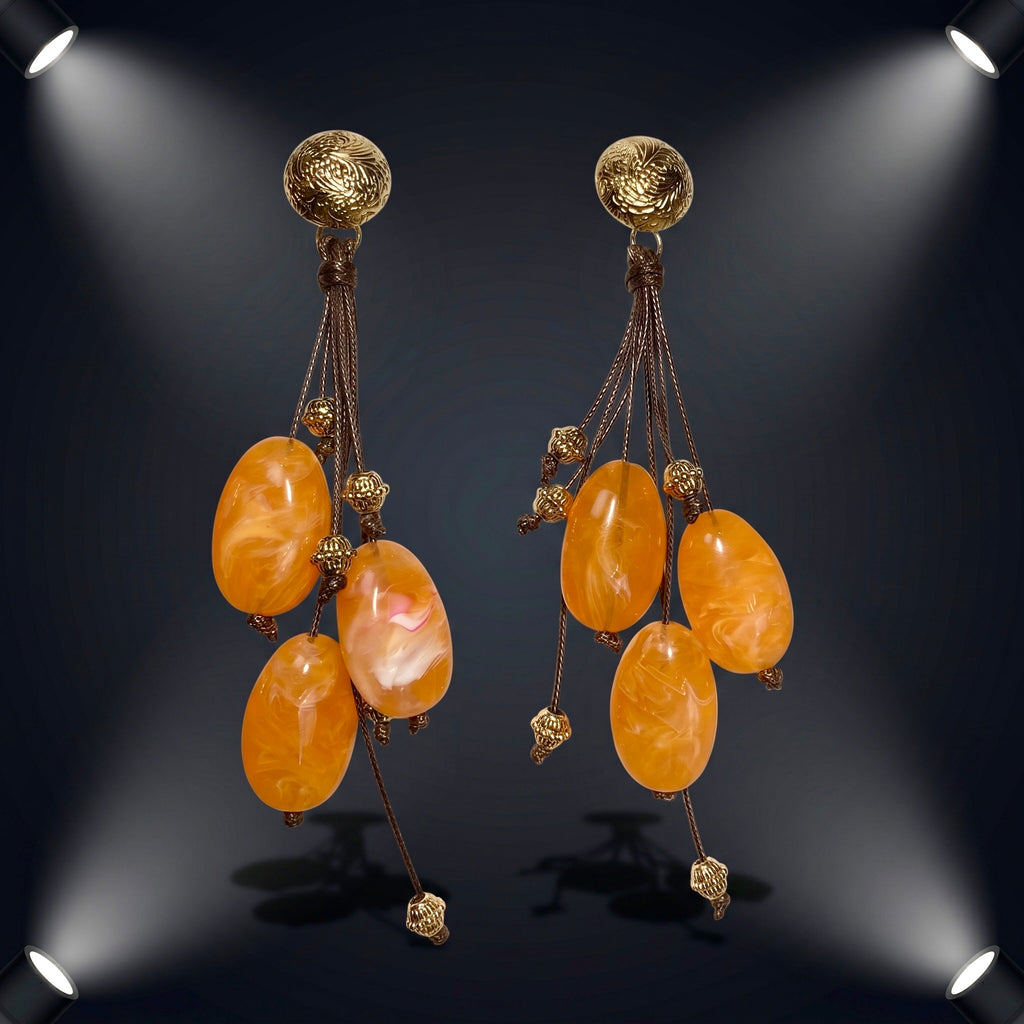 Gold Filigree Amber Stone Cluster Drop Earrings