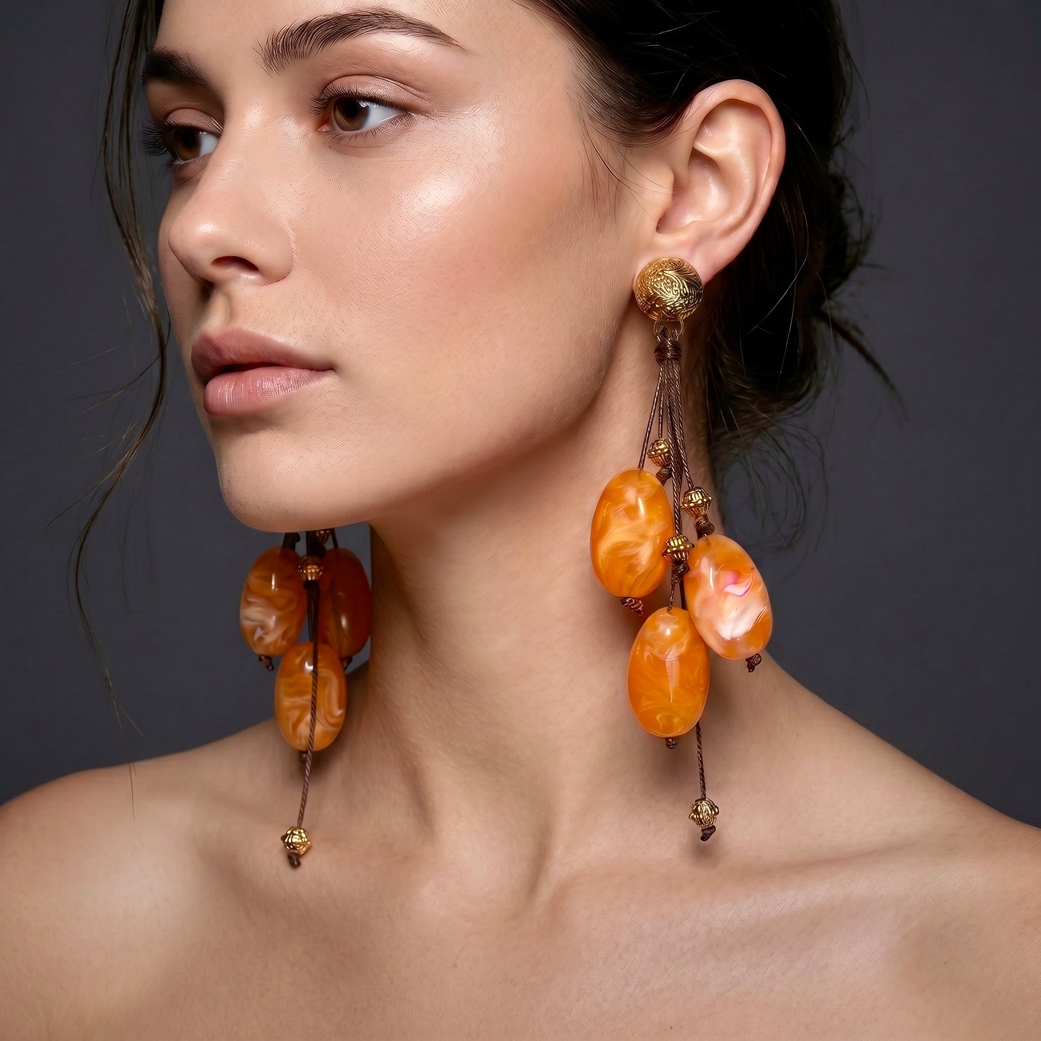 Gold Filigree Amber Stone Cluster Drop Earrings
