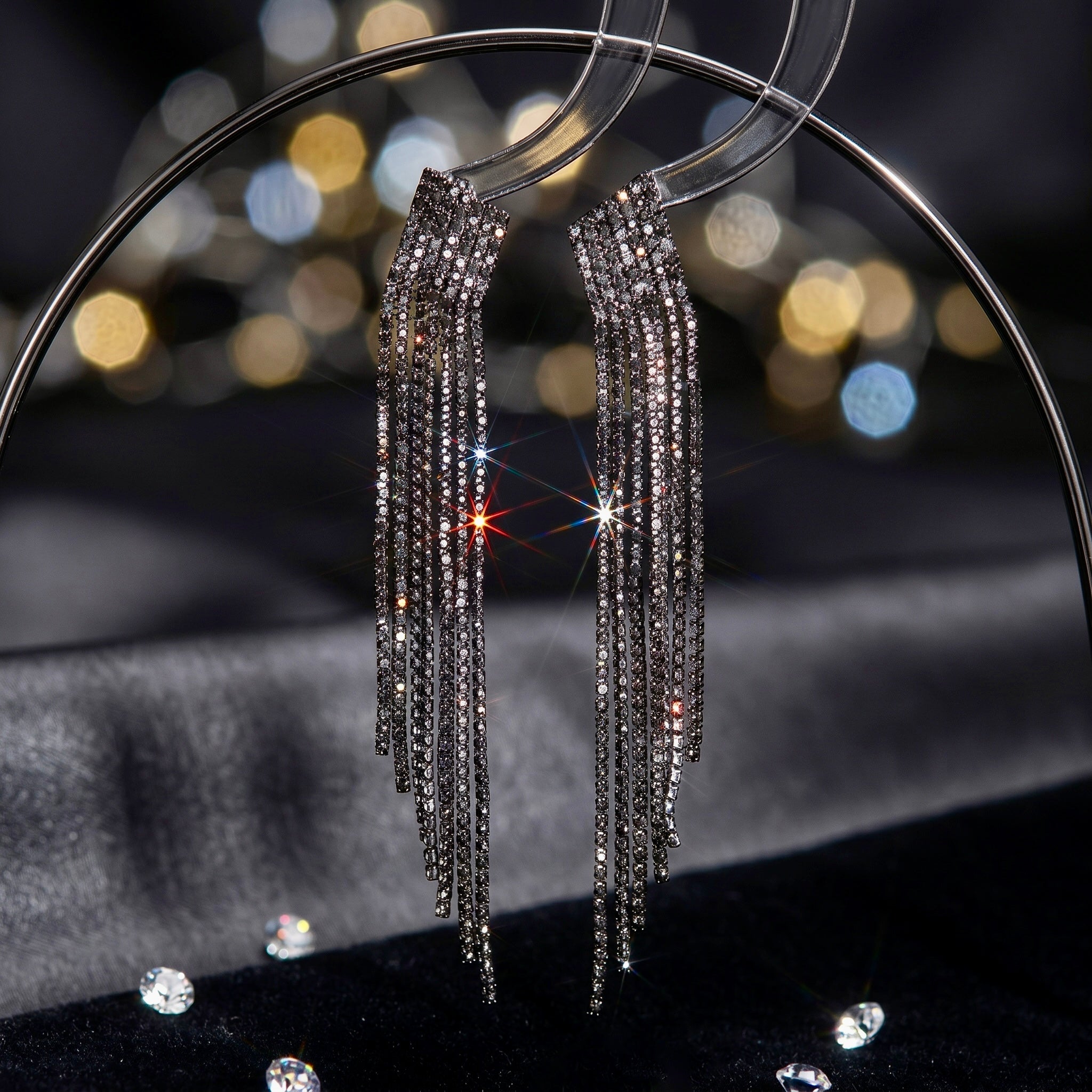 Black Crystal Tassel Fringe Drop Earrings
