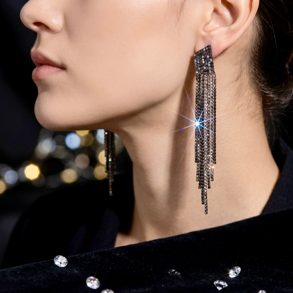 Black Crystal Tassel Fringe Drop Earrings