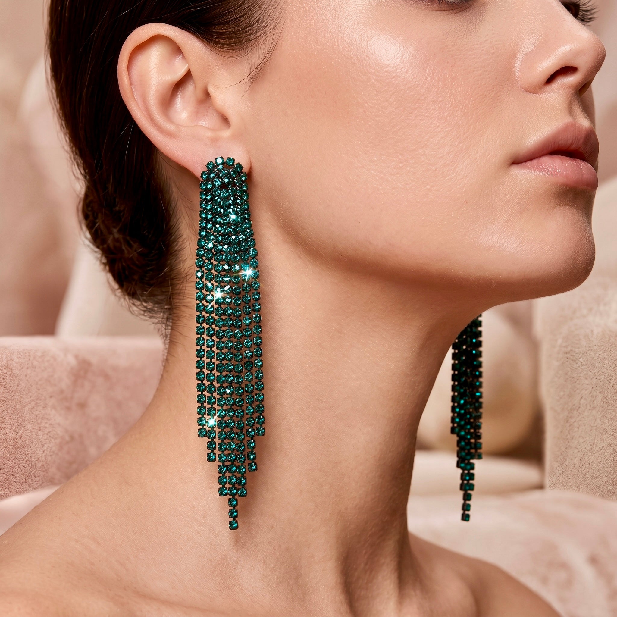 Emerald Green Crystal Tassel Fringe Drop Earrings