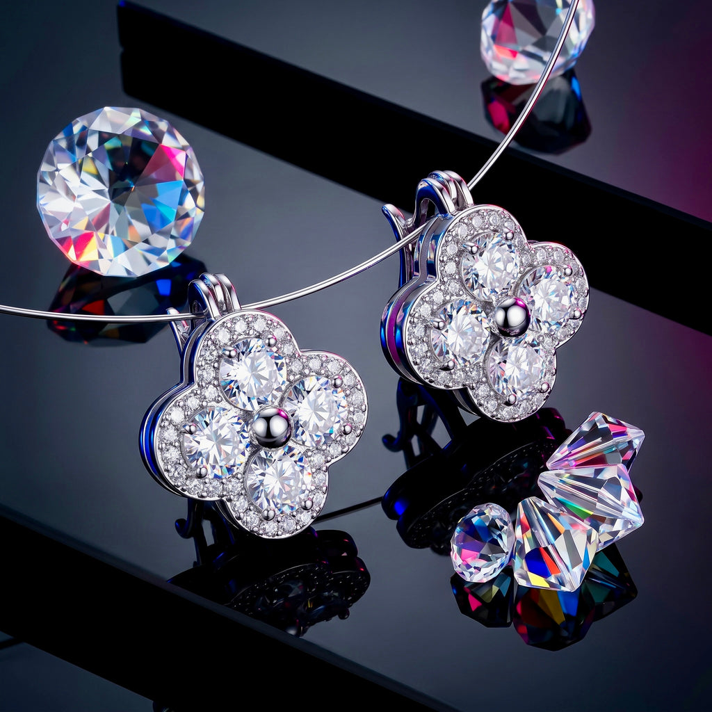 Silver Crystal Clover Flower Stud Earrings