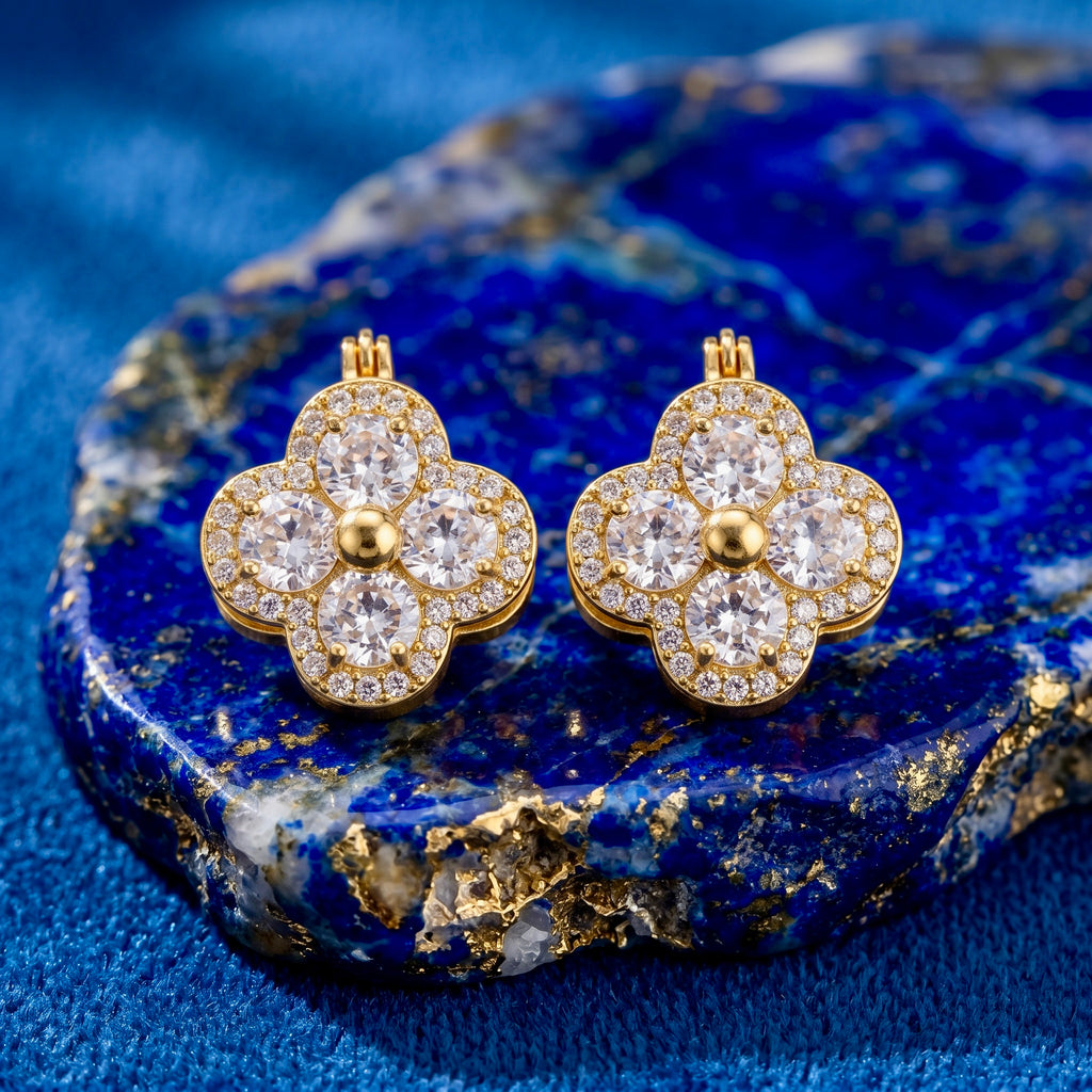 Gold Crystal Clover Flower Stud Earrings