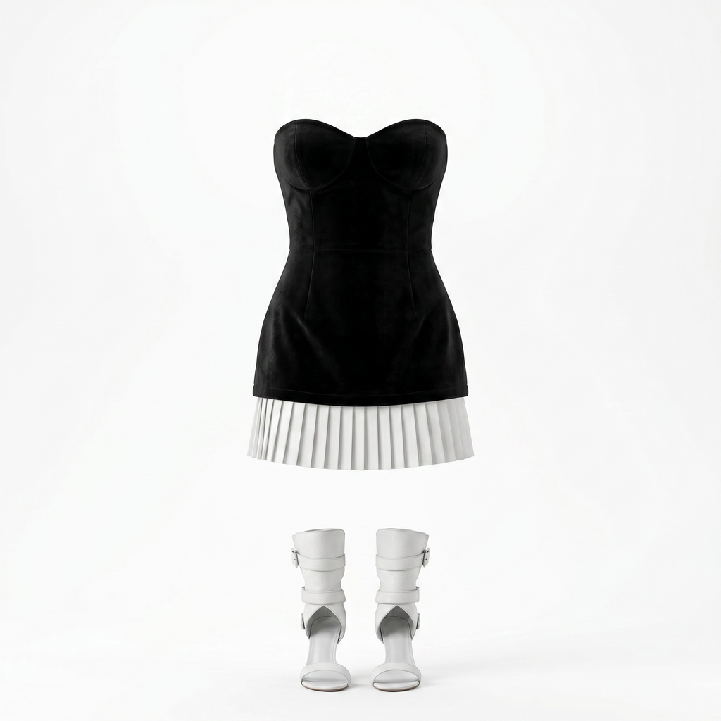 Black strapless dress with white pleated skirt and matching white boots on a white background