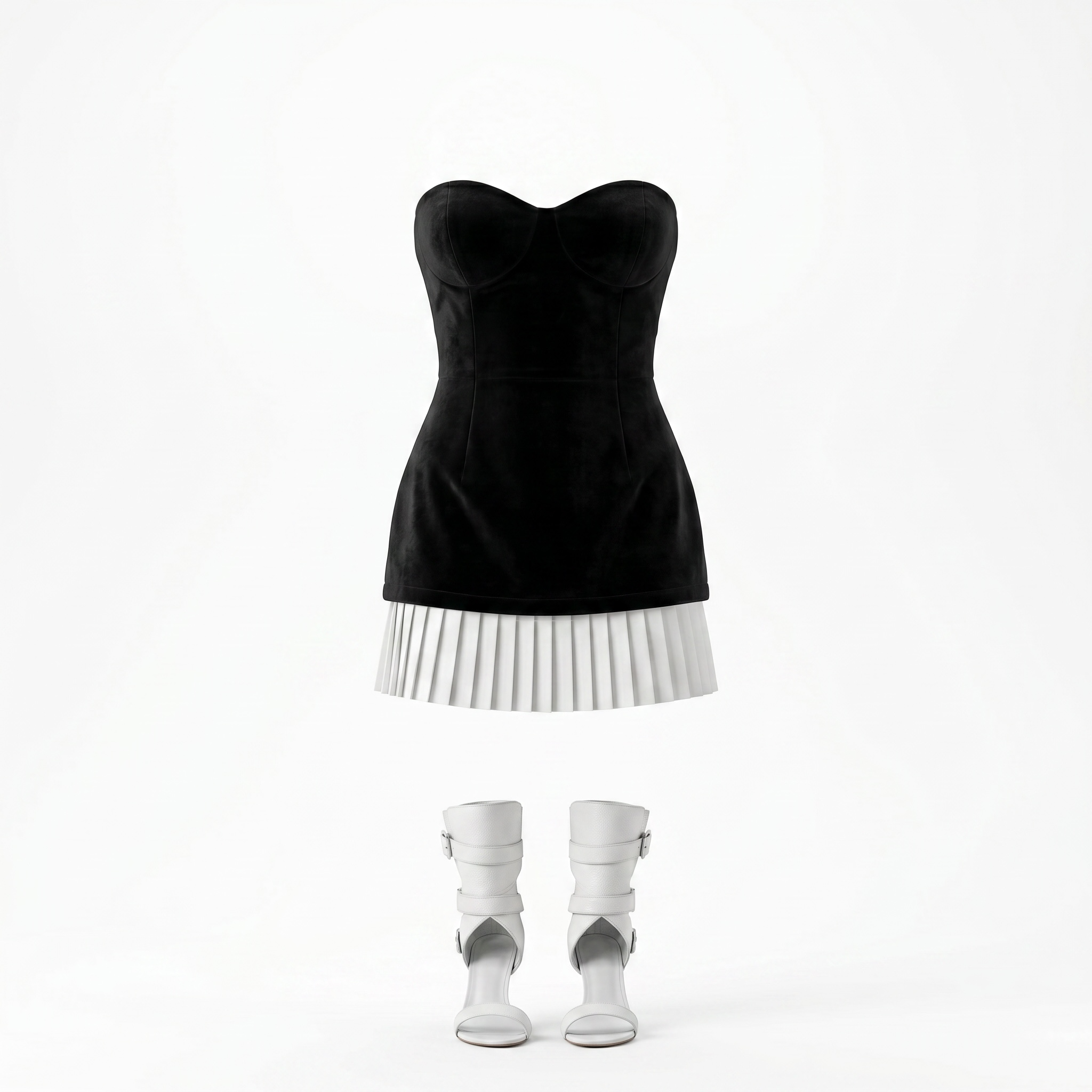Black strapless dress with white pleated skirt and matching white boots on a white background