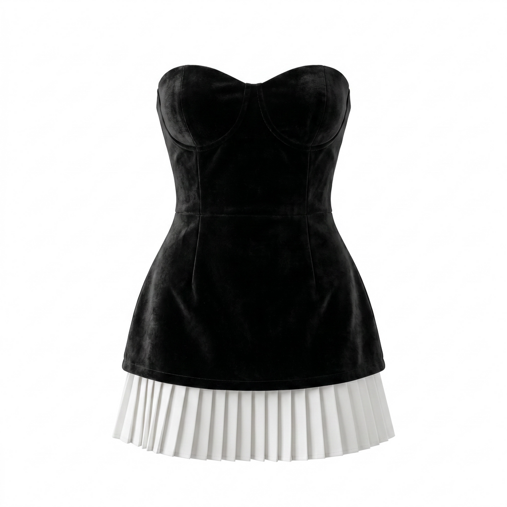 Black & White Strapless Pleated Mini Dress