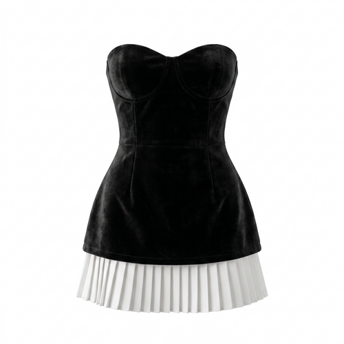 Black & White Strapless Pleated Mini Dress