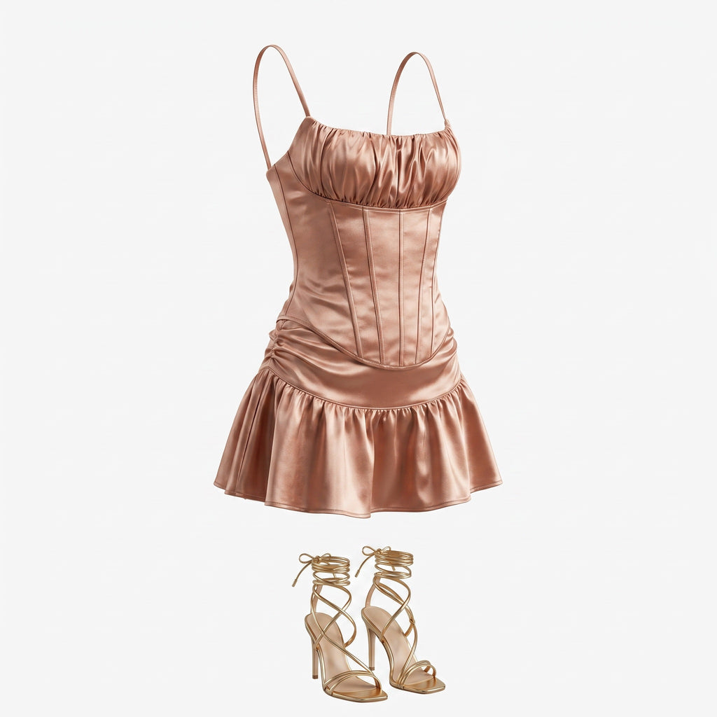 Rose Gold Satin Corset Lace-Up Mini Dress