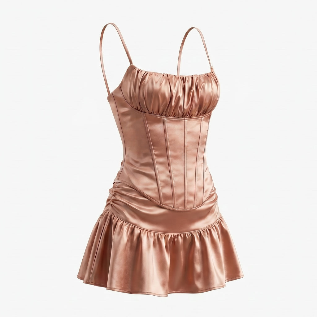 Rose Gold Satin Corset Lace-Up Mini Dress