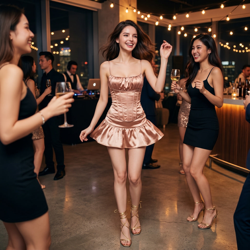 Rose Gold Satin Corset Lace-Up Mini Dress