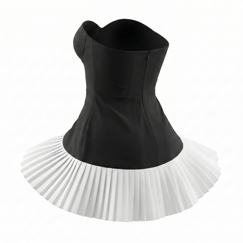 Black & White Strapless Pleated Mini Dress