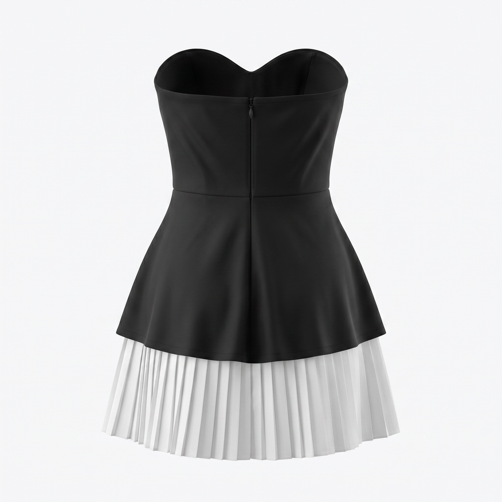 Black & White Strapless Pleated Mini Dress