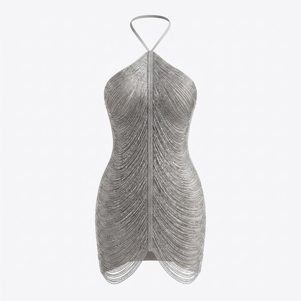 Silver Metallic Tassel Chain Halter Mini Dress