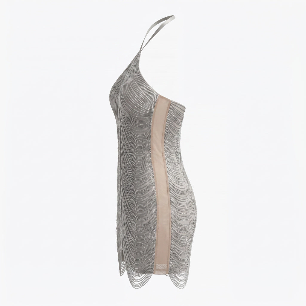 Silver Metallic Tassel Chain Halter Mini Dress