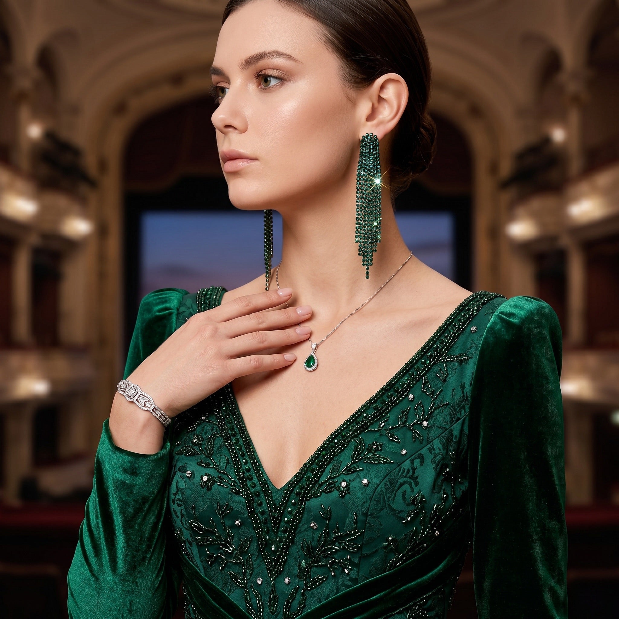 Emerald Green Crystal Tassel Fringe Drop Earrings