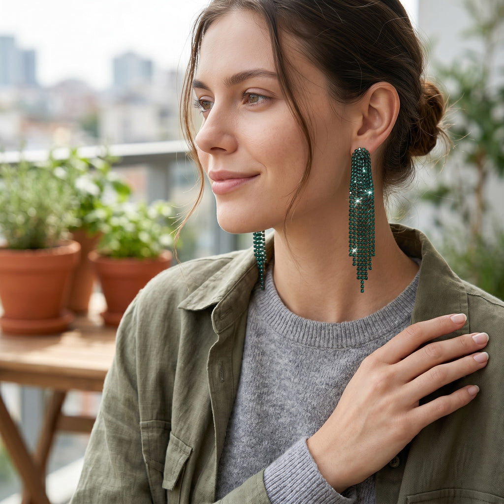Emerald Green Crystal Tassel Fringe Drop Earrings