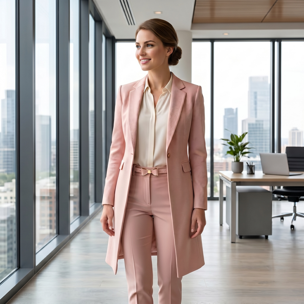 Woman in a pink suit standing in an office with large windows and cityscape view.