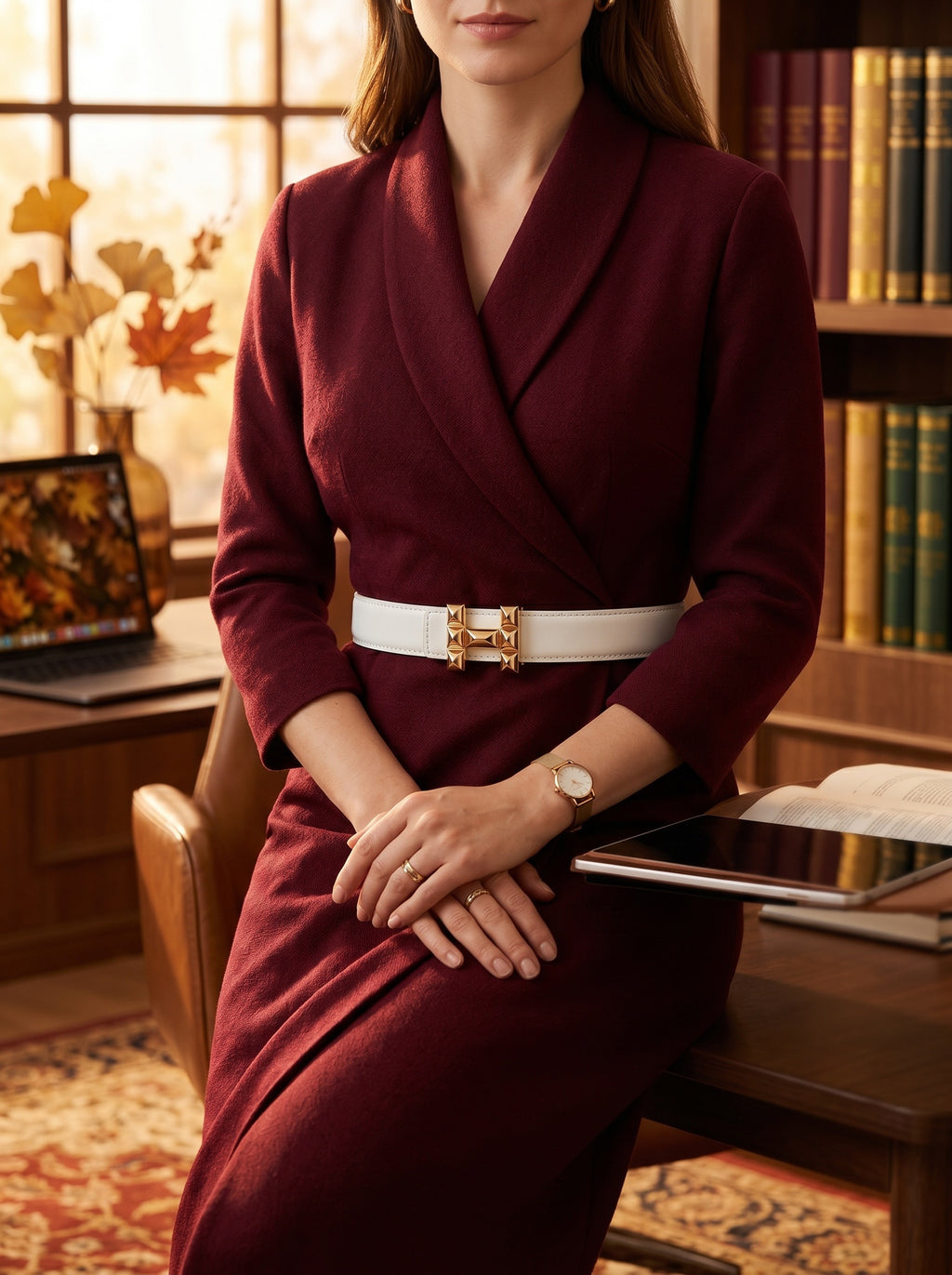 Woman in a burgundy dress sitting at a desk in a home office setting.
