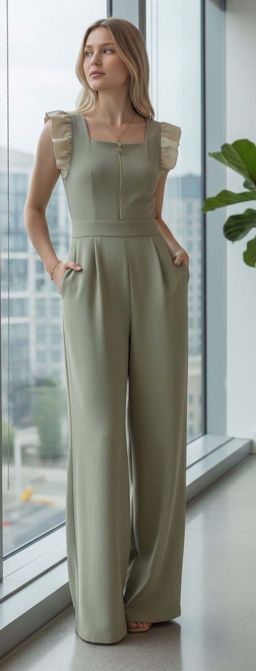 Woman in a light green jumpsuit standing by a large window with cityscape view.
