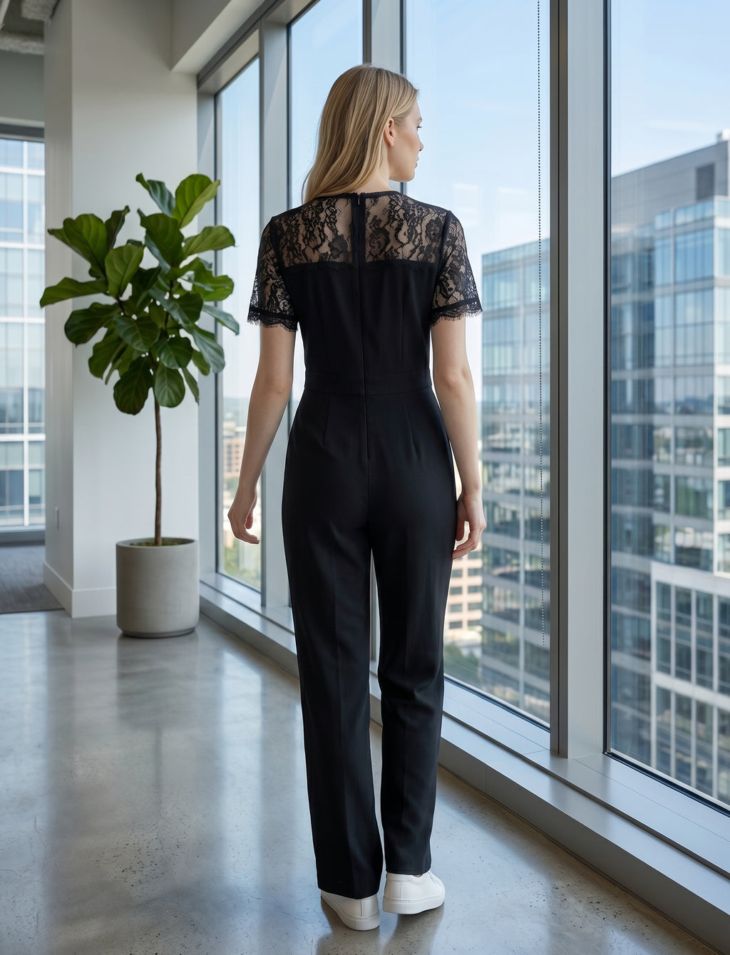 Black Lace-Sleeve Wide-Leg Jumpsuit