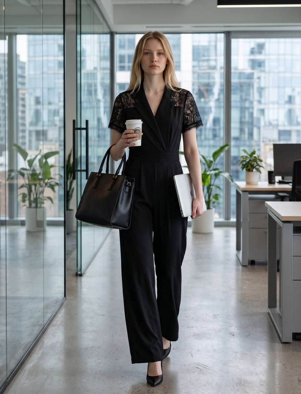 Black Lace-Sleeve Wide-Leg Jumpsuit