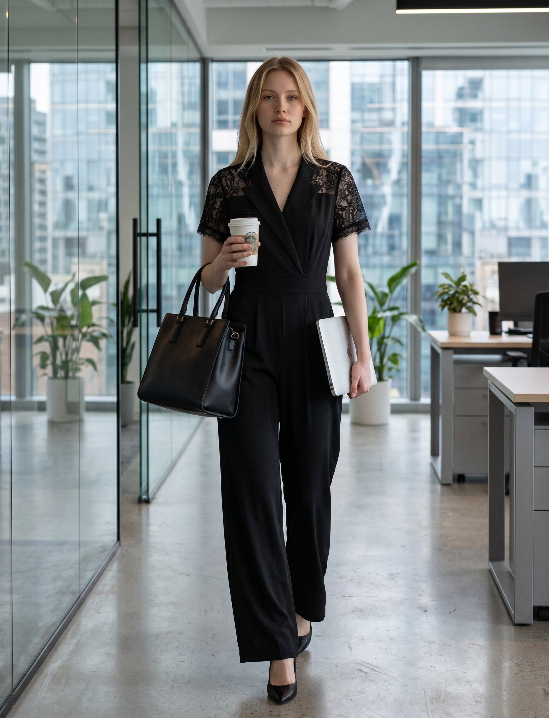 Black Lace-Sleeve Wide-Leg Jumpsuit