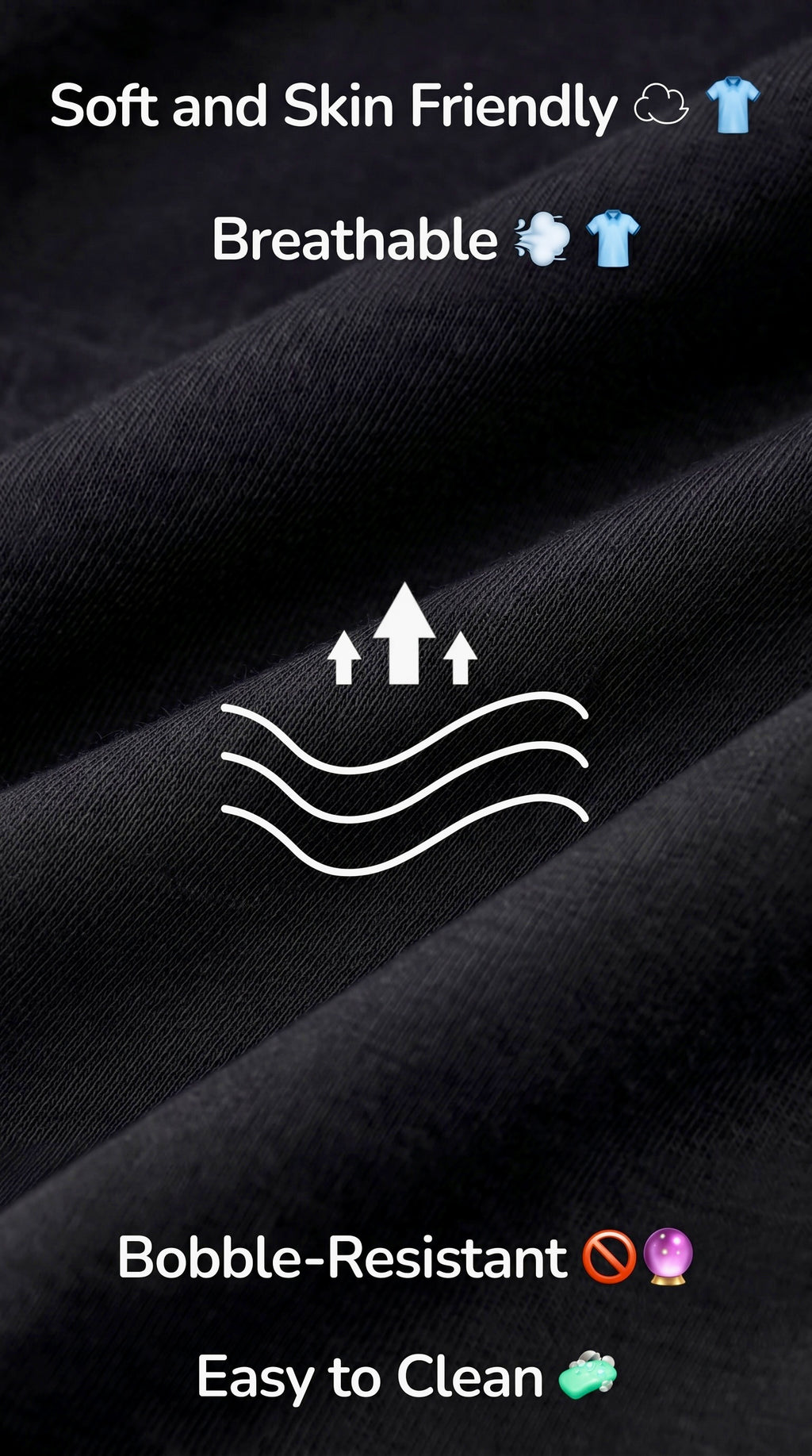Black fabric with text and icons indicating softness, breathability, bobble-resistance, and ease of cleaning.