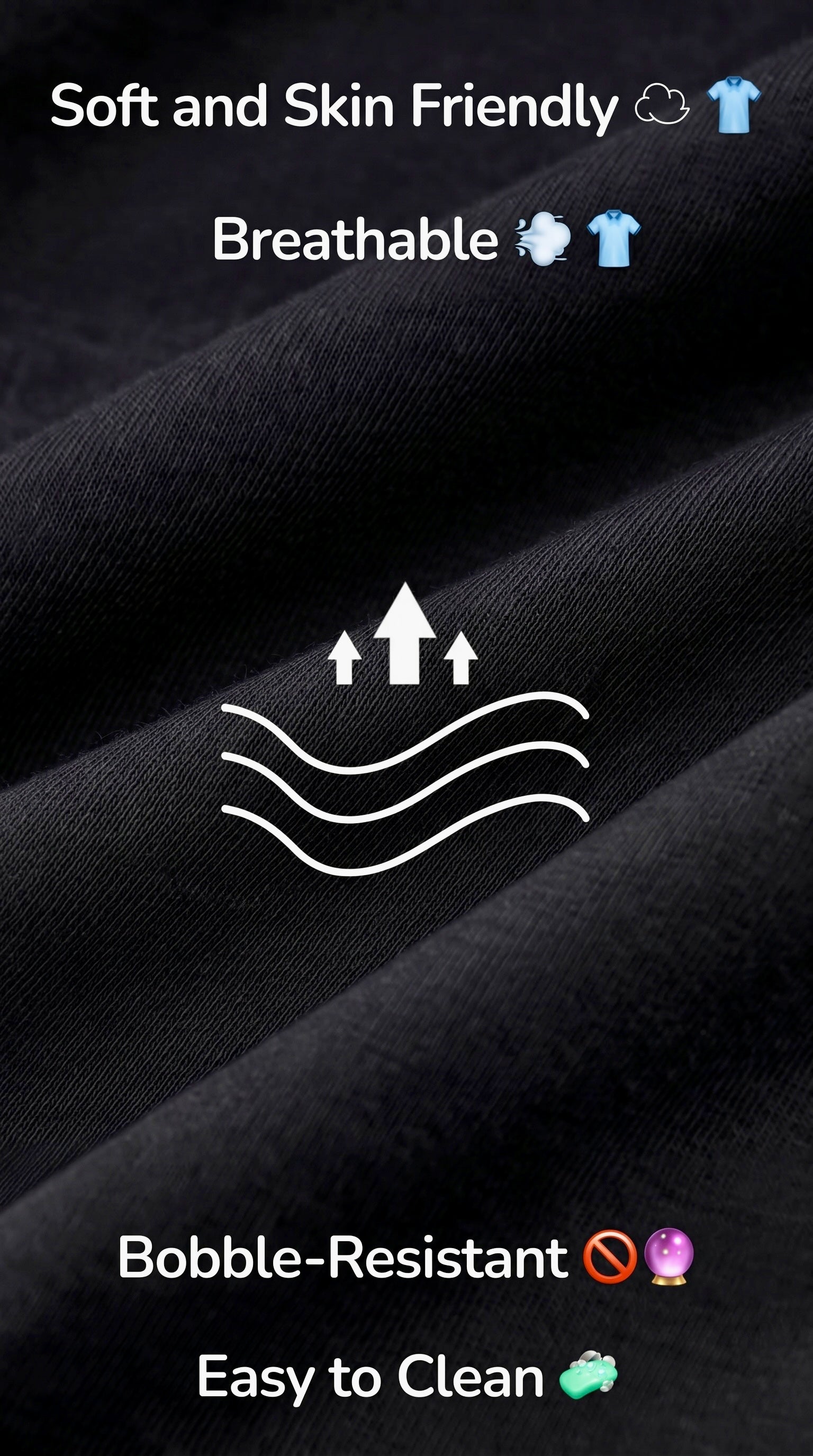 Black fabric with text and icons indicating softness, breathability, bobble-resistance, and ease of cleaning.