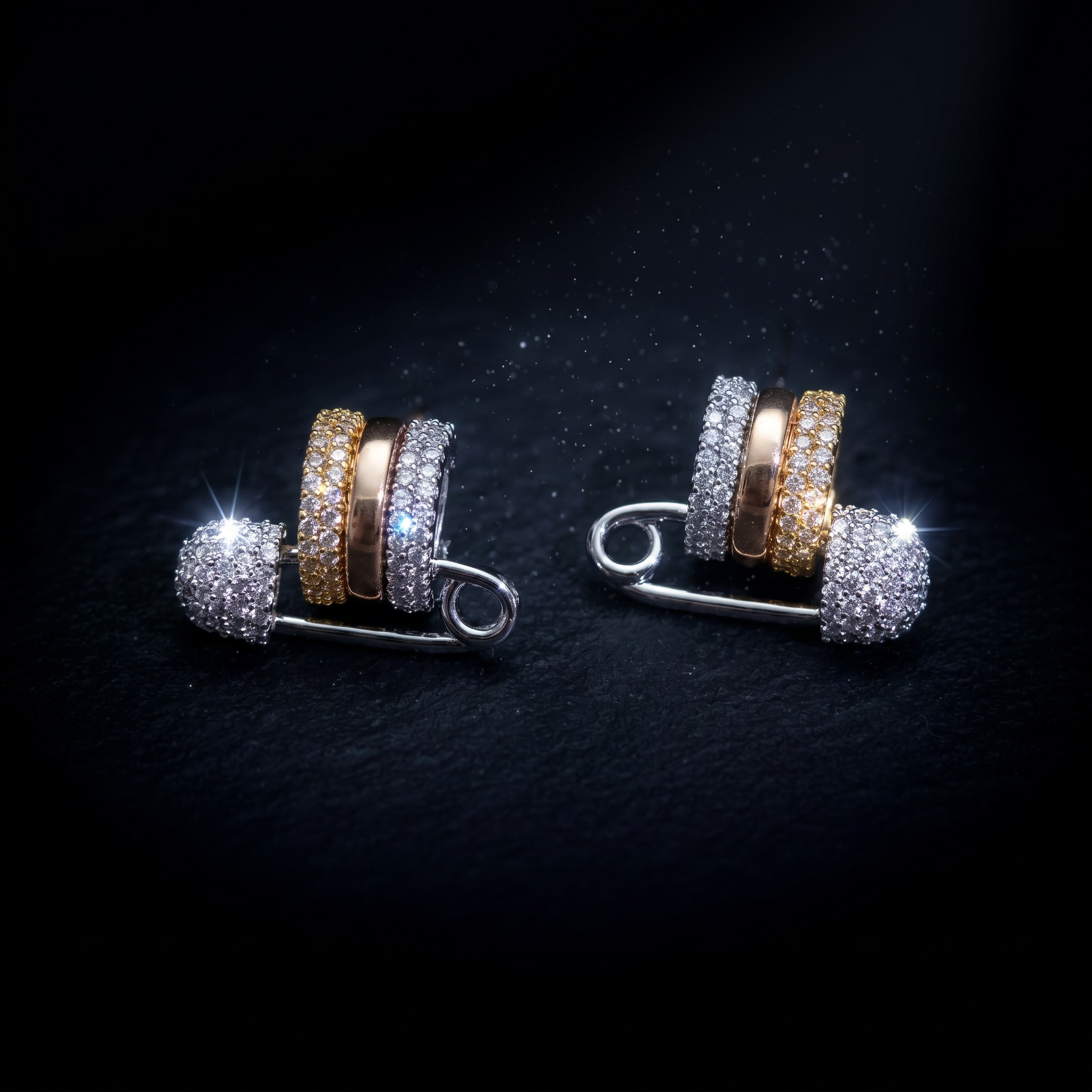 Tri-Tone Pavé Safety Pin Stud Earrings